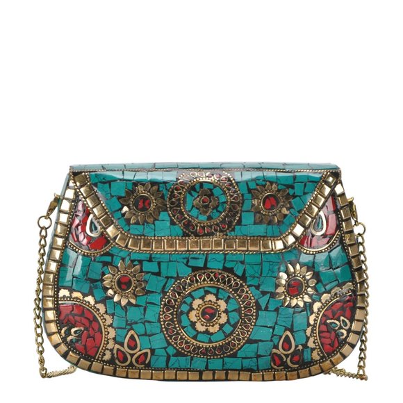 Antik Kraft Handbags - Antik Kraft Boho Amoli Brass & Mosaic Crossbody Clutch Turquoise Anthropologie